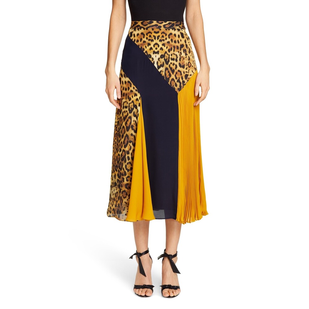 Cushnie Color-Blocked & Leopard Print Silk MIDI Skirt